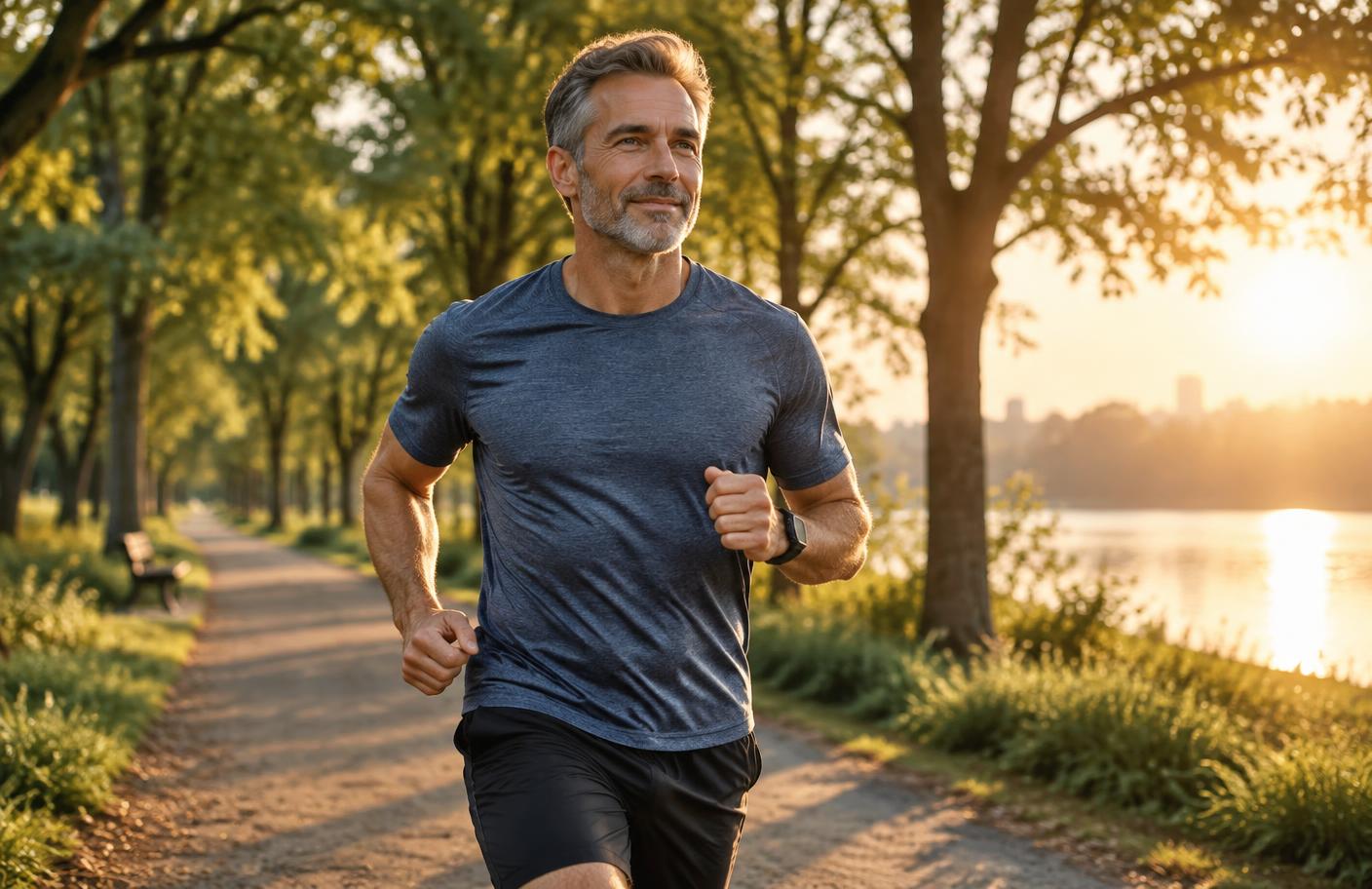 Fit man in his fifties jogging on a tree-lined path at sunrise