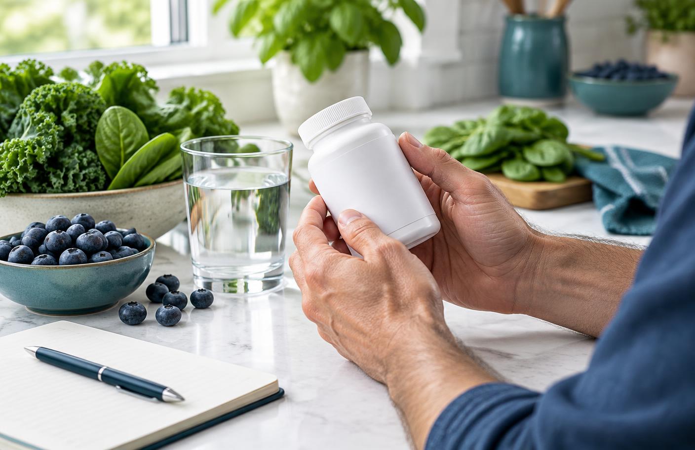Person carefully reviewing a supplement bottle beside water and fresh foods
