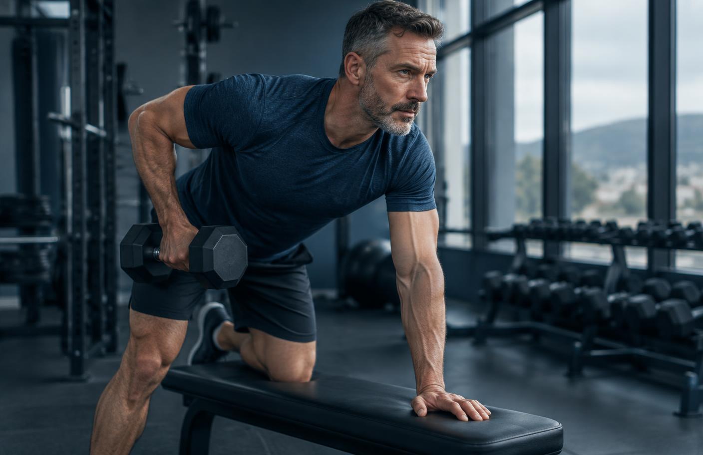 Athletic man in his mid-forties performing dumbbell strength training in a gym